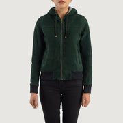 
Detailopname of Hooded & Zipper Hardware on Rebella Green Hooded Suede Bomber Jacket