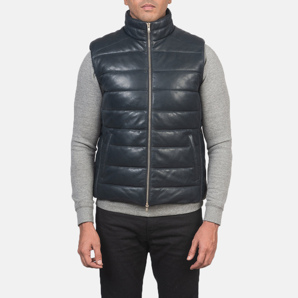 
Detailopname of Classic Collar & Zipper with Dual Puller Hardware on Reeves Blauw Leather Gewatteerde bodywarmer voor Heren