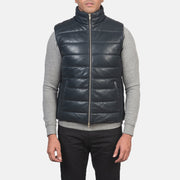 
Detailopname of Classic Collar & Zipper with Dual Puller Hardware on Reeves Blauw Leather Gewatteerde bodywarmer voor Heren