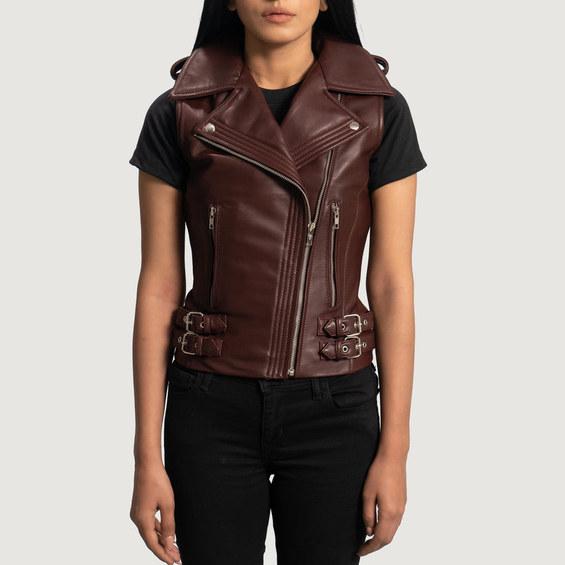 Rhonda Kastanjebruin Leather Biker Vest voor Dames