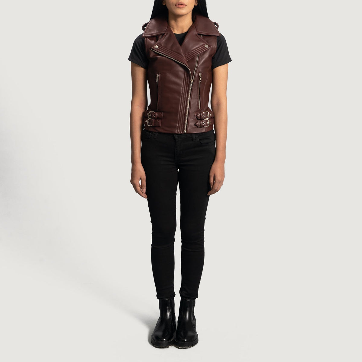 
Detailopname of Notch & Zipper Hardware on Rhonda Kastanjebruin Leather Biker Vest voor Dames