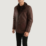
Distressed Brown Sheepskin Burnishing Aviator Jacket - Achteraanzicht met getailleerde schouders & strakke zoom