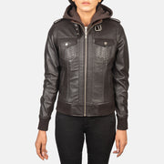 
Detailopname of High Neck with Belt & Zipper Hardware on Roslyn Brown Hooded Leather Bomber Jacket