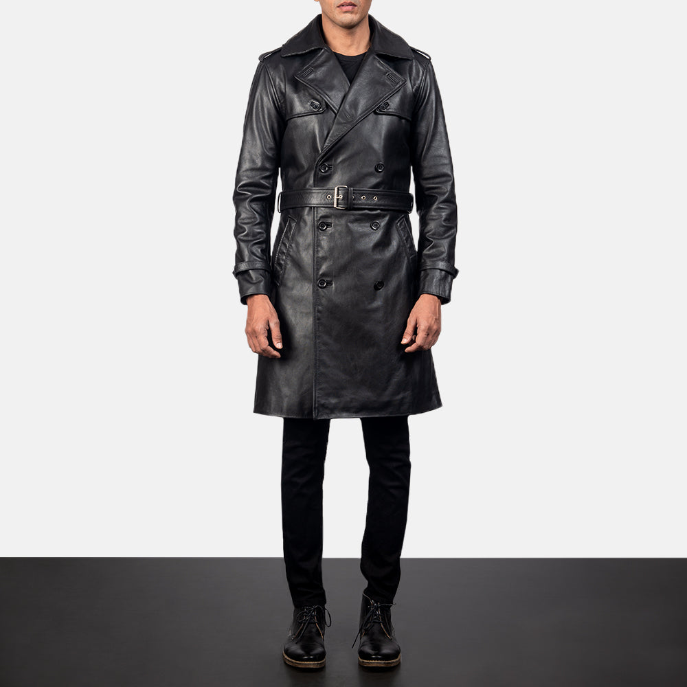 Men's Royson Zwart Leather Duster Leren Jas voor Heren in Black Cowhide Leather - Front Profile View &amp; Tailored Silhouette | Buy Online