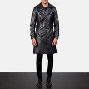 Men's Royson Zwart Leather Duster Leren Jas voor Heren in Black Cowhide Leather - Front Profile View &amp; Tailored Silhouette | Buy Online