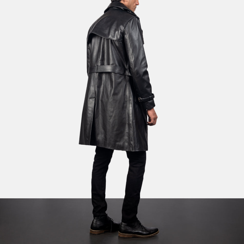 Men's Royson Zwart Leather Duster Leren Jas voor Heren - Lateral Side Profile View Showing Sleeve Cut &amp; Athletic Taper Fit