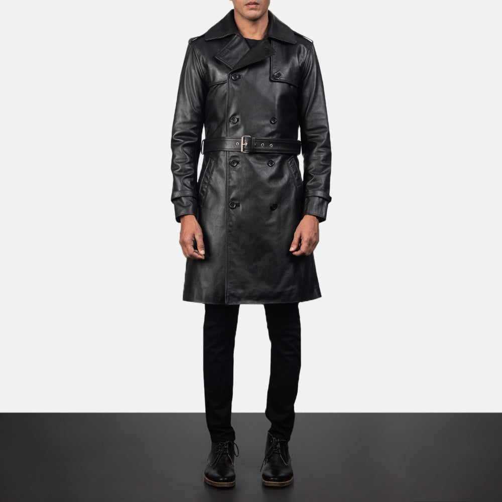 Close-Up Detail of Shirt &amp; Heavy-Duty Zipper Hardware on Men's Royson Zwart Leather Duster Leren Jas voor Heren