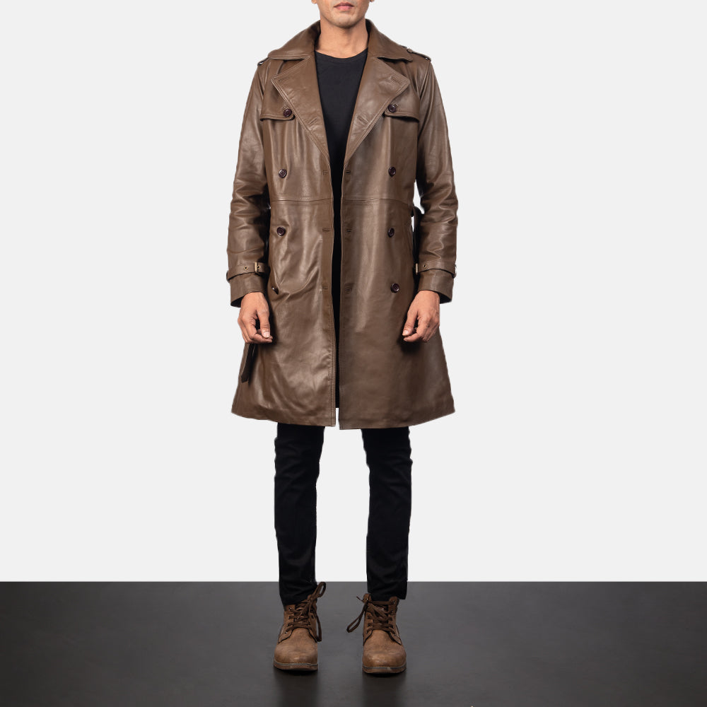 
Detailopname of Shirt & Heavy-Duty Zipper Hardware on Royson Bruin Leather Duster Leren Jas voor Heren