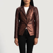 Ruby Metallic Kastanjebruin Leren Leren Blazer voor Dames in Maroon Sheepskin Leather - Front Profile View &amp; Tailored Silhouette | Buy Online