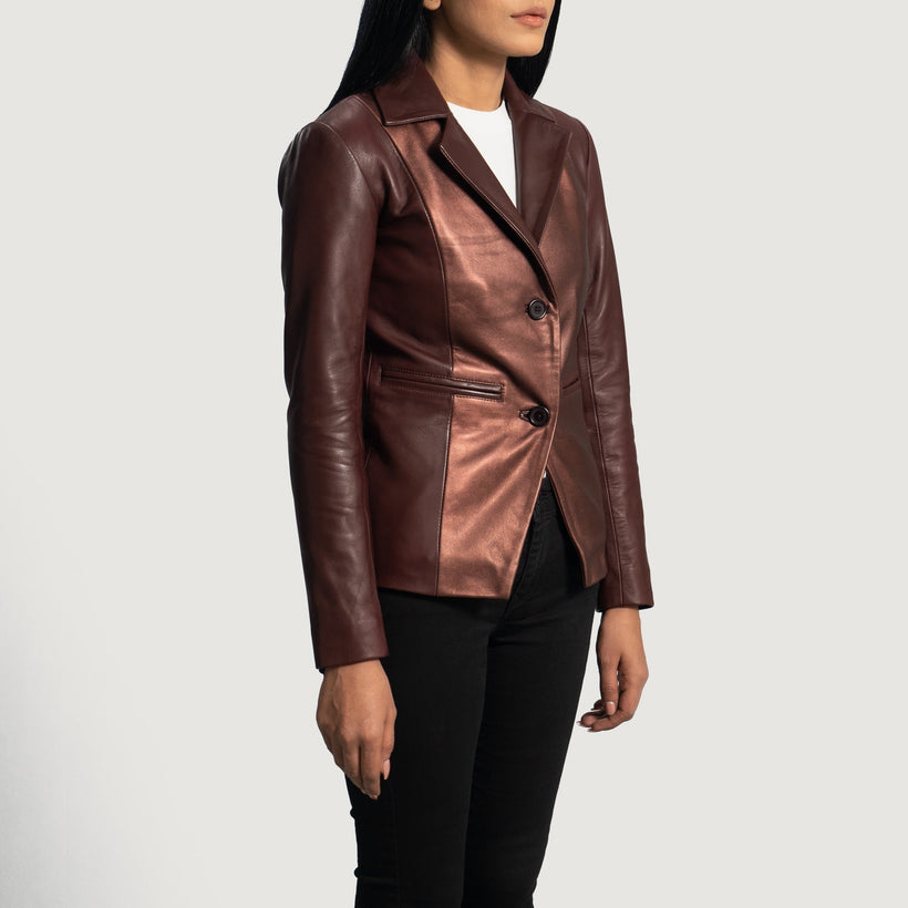 Ruby Metallic Kastanjebruin Leren Leren Blazer voor Dames