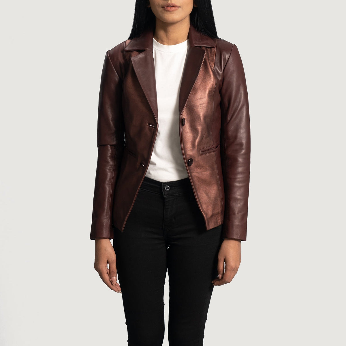 Ruby Metallic Kastanjebruin Leren Leren Blazer voor Dames - Lateral Side Profile View Showing Sleeve Cut &amp; Athletic Taper Fit