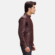 
Maroon Sheepskin Leather Biker Jacket - Achteraanzicht met getailleerde schouders & strakke zoom