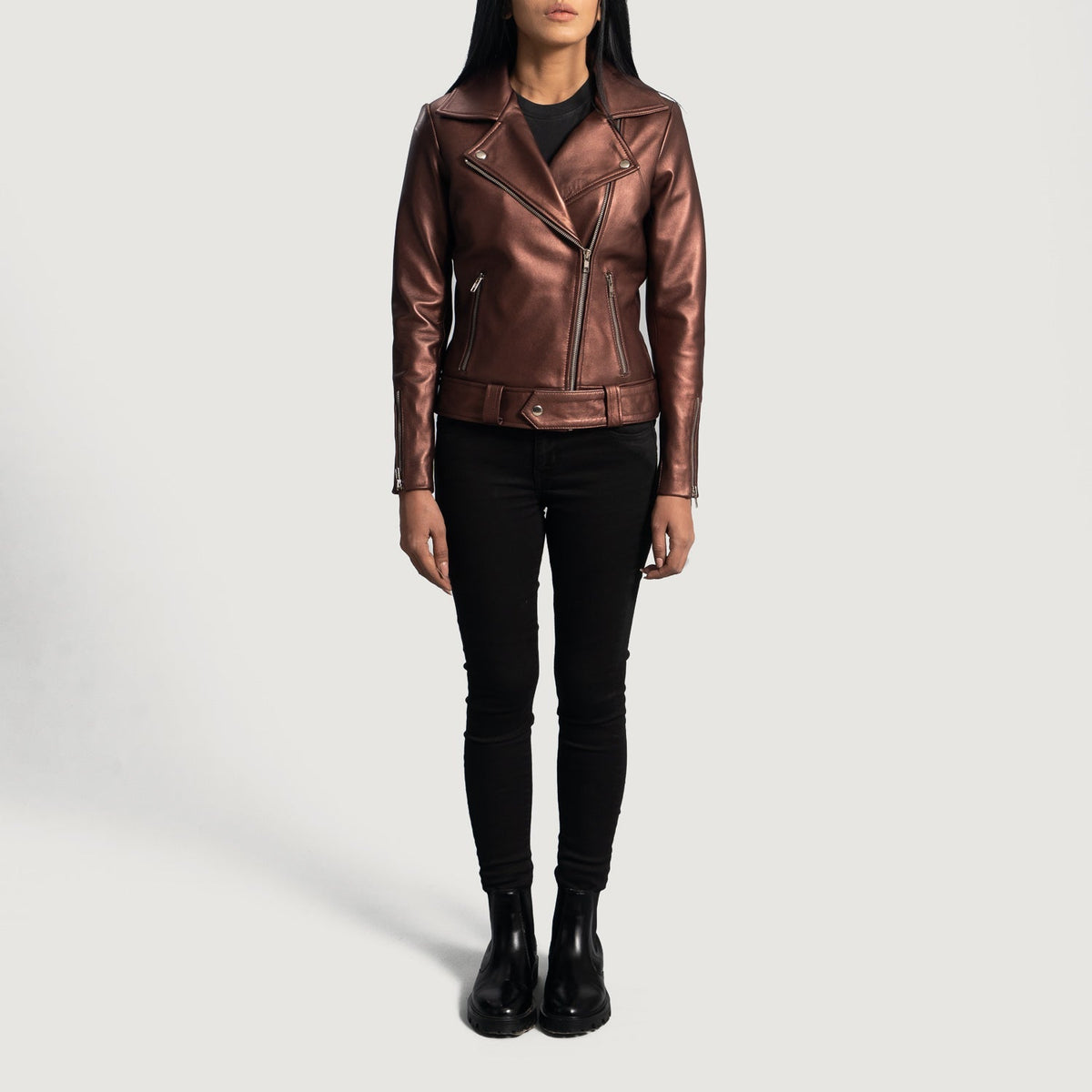 
Detailopname of Notch & Zipper Hardware on Rumy Maroon Leather Biker Jacket