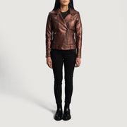 
Detailopname of Notch & Zipper Hardware on Rumy Maroon Leather Biker Jacket