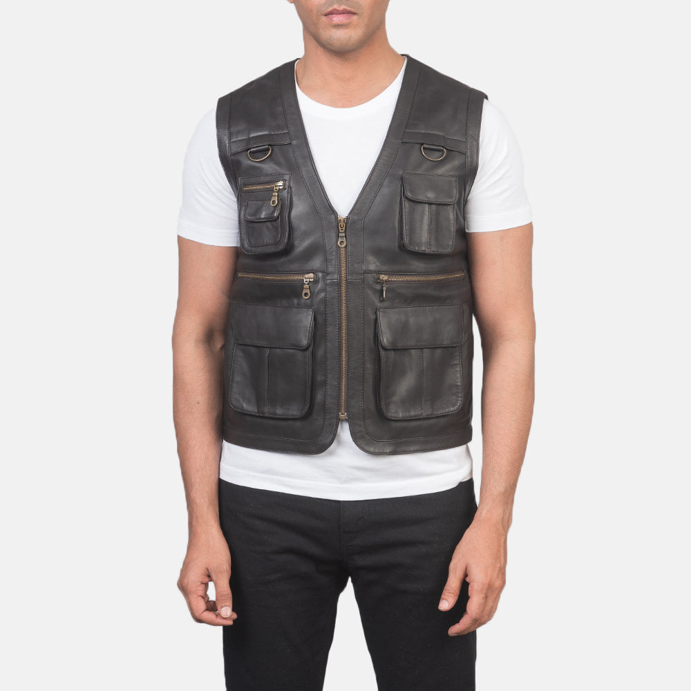 
Detailopname of Classic Collar & Zipper Hardware on Safari Bruin Leren Gilet voor Heren