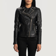 Women's Sally Mae Studded Zwart Leren Bikerjack voor Dames in Black Sheepskin Leather - Front Profile View &amp; Tailored Silhouette | Buy Online