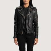 Women's Sally Mae Studded Zwart Leren Bikerjack voor Dames - Lateral Side Profile View Showing Sleeve Cut &amp; Athletic Taper Fit