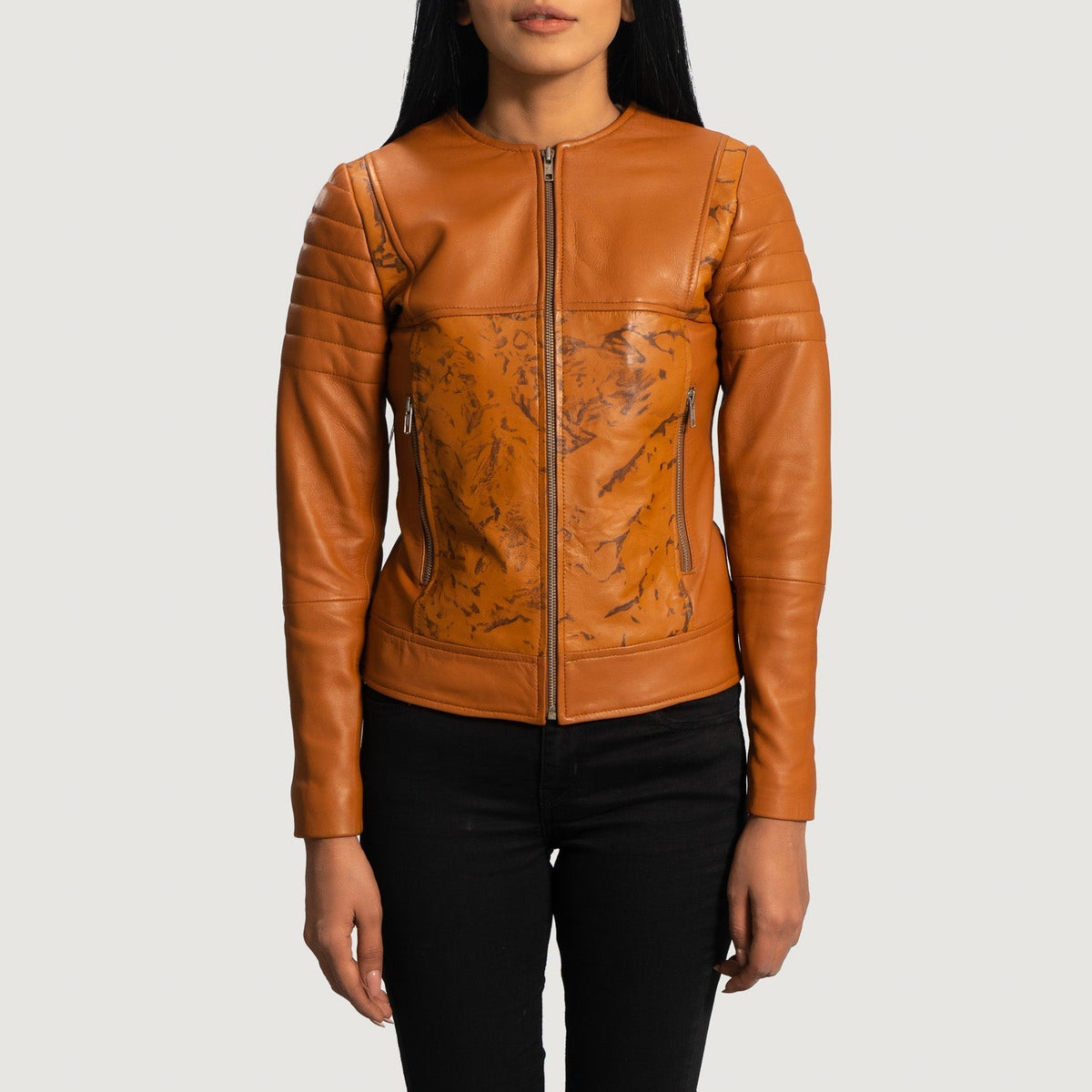 Women's Sandy Lichtbruin Dye Leren Bikerjack voor Dames in Tan Brown Sheepskin Dip &amp;Amp; Dye - Front Profile View &amp; Tailored Silhouette | Buy Online