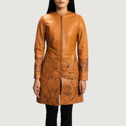 Women's Sandy Lichtbruin Dye Leren Jas voor Dames in Tan Brown Sheepskin Dip &amp;Amp; Dye - Front Profile View &amp; Tailored Silhouette | Buy Online