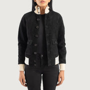 
Sasha A1 Black Suede Bomber Jacket in Black Goatskin Suede - Vooraanzicht & getailleerd silhouet | Online kopen