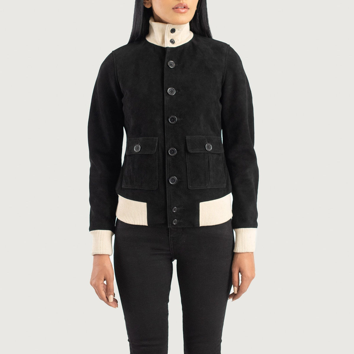 
Detailopname of Knit Rib & Buttons Hardware on Sasha A1 Black Suede Bomber Jacket