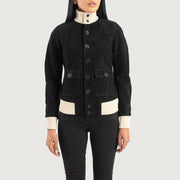 
Detailopname of Knit Rib & Buttons Hardware on Sasha A1 Black Suede Bomber Jacket