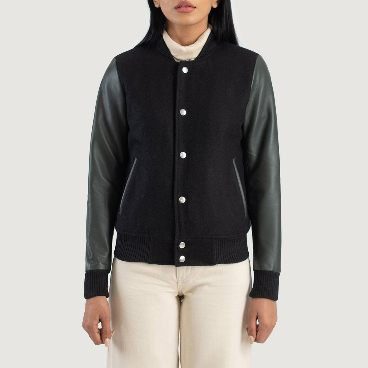 
Detailopname of Varsity & Snap Buttons Hardware on Savant Green Hybrid Varsity Jacket