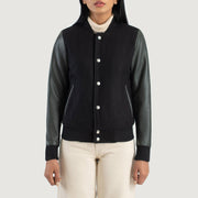 
Detailopname of Varsity & Snap Buttons Hardware on Savant Green Hybrid Varsity Jacket