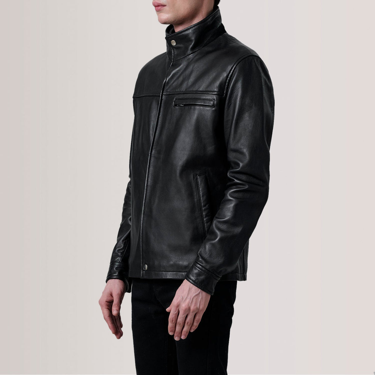 Sean Zwart Leather Classic Leren Jas voor Heren For Men - Lateral Side Profile View Showing Sleeve Cut &amp; Athletic Taper Fit