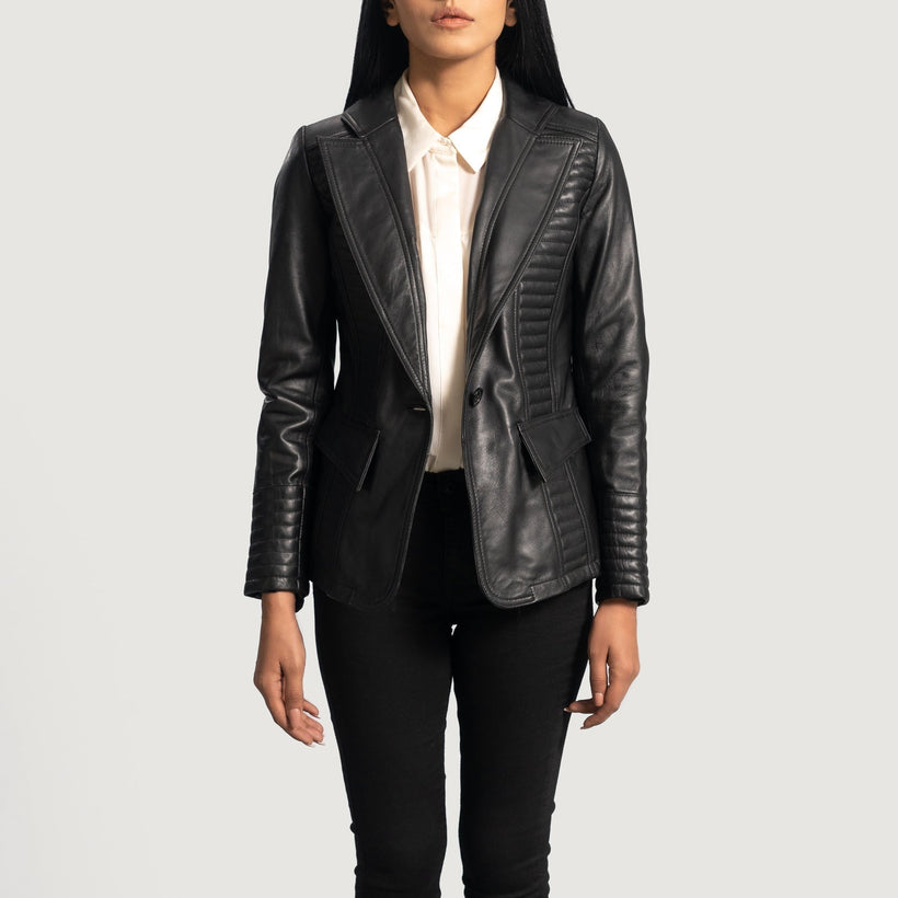 Selina Zwart Leren Leren Blazer voor Dames