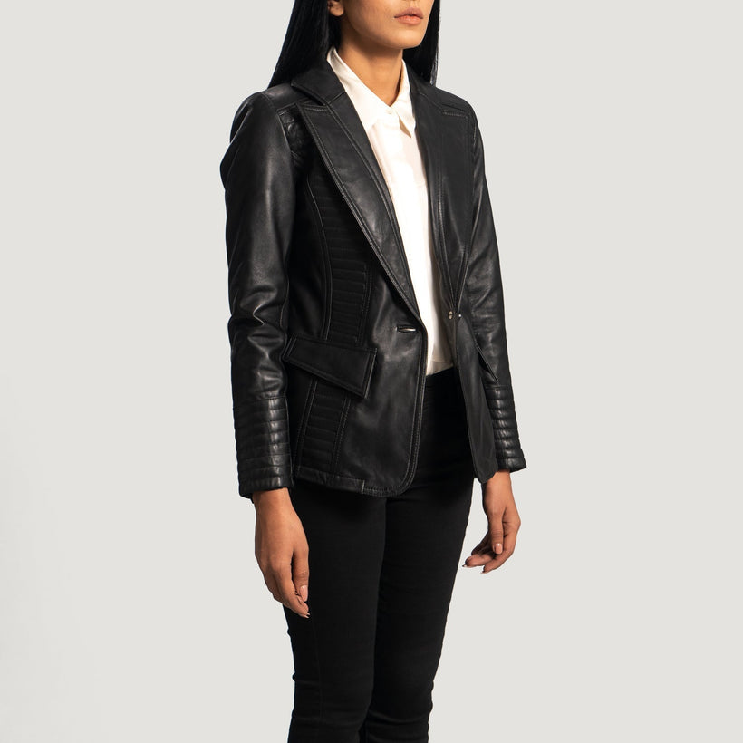 Selina Zwart Leren Leren Blazer voor Dames
