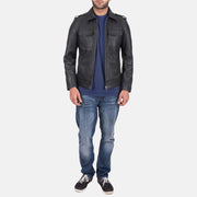 
Detailopname van kraag & ritsdetails op Sergeant Zwart Leren Jas voor Heren