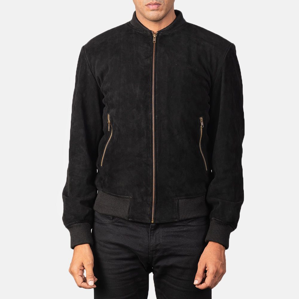 
Detailopname of Varsity & Zipper Hardware on Shane Zwart Suede Leren Bomberjack voor Heren