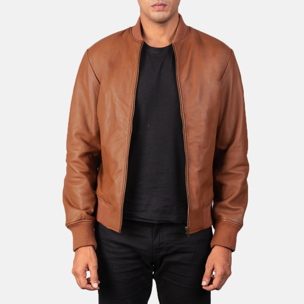 Men's Shane Bruin Leren Bomberjack voor Heren in Brown Sheepskin Leather - Front Profile View &amp; Tailored Silhouette | Buy Online