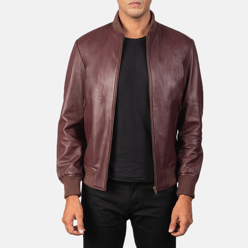 Men's Shane Kastanjebruin Leren Bomberjack voor Heren in Maroon Sheepskin Leather - Front Profile View &amp; Tailored Silhouette | Buy Online