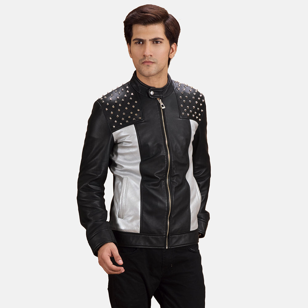 Shapron Studded Leren Bikerjack voor Heren in Black Sheepskin Leather - Front Profile View &amp; Tailored Silhouette | Buy Online