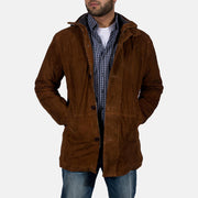 Men's Sheriff Bruin Suède Jas voor Heren in Brown Goatskin Suede - Front Profile View &amp; Tailored Silhouette | Buy Online