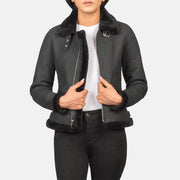
Sherilyn B-3 Distressed Black Leather Bomber Jacket in Distressed Black Sheepskin Snuffed - Vooraanzicht & getailleerd silhouet | Online kopen