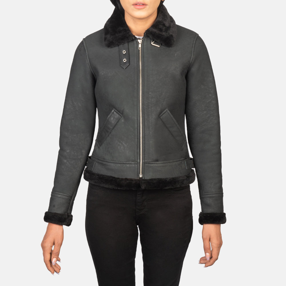 
Detailopname of Buckled Collar & Zipper Hardware on Sherilyn B-3 Distressed Black Leather Bomber Jacket
