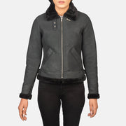 
Detailopname of Buckled Collar & Zipper Hardware on Sherilyn B-3 Distressed Black Leather Bomber Jacket