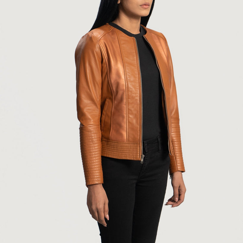 Sleeky Clean Lichtbruin Leren Bikerjack voor Dames