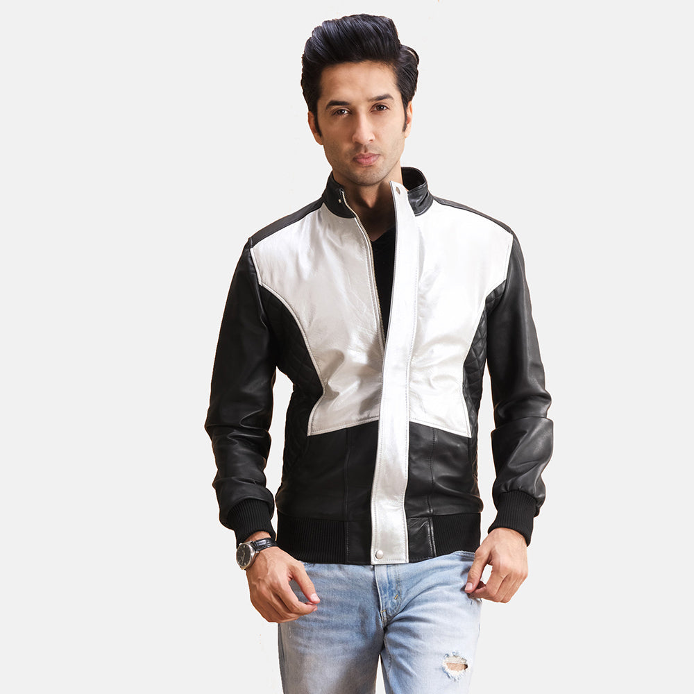 Spade Silver Zwart Leren Bomberjack voor Heren in Black Sheepskin Leather - Front Profile View &amp; Tailored Silhouette | Buy Online