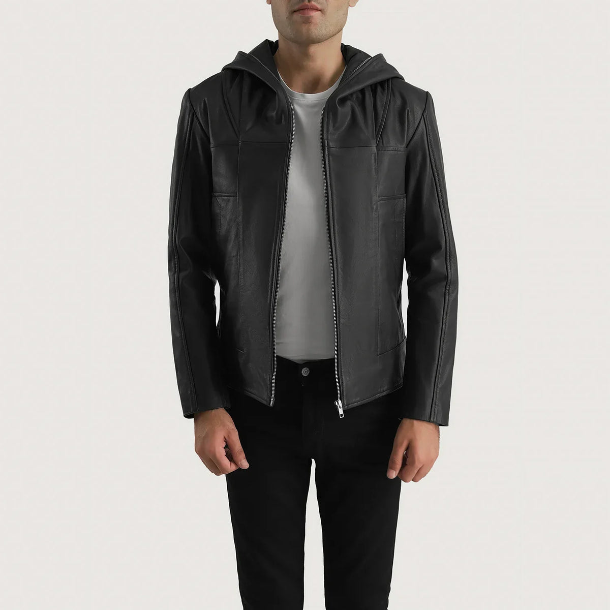 
Spratt Zwart Hooded Leren Jas voor Heren in Black Goatskin Leather - Vooraanzicht & getailleerd silhouet | Online kopen