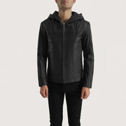 
Black Goatskin Leather Hooded Jacket - Achteraanzicht met getailleerde schouders & strakke zoom