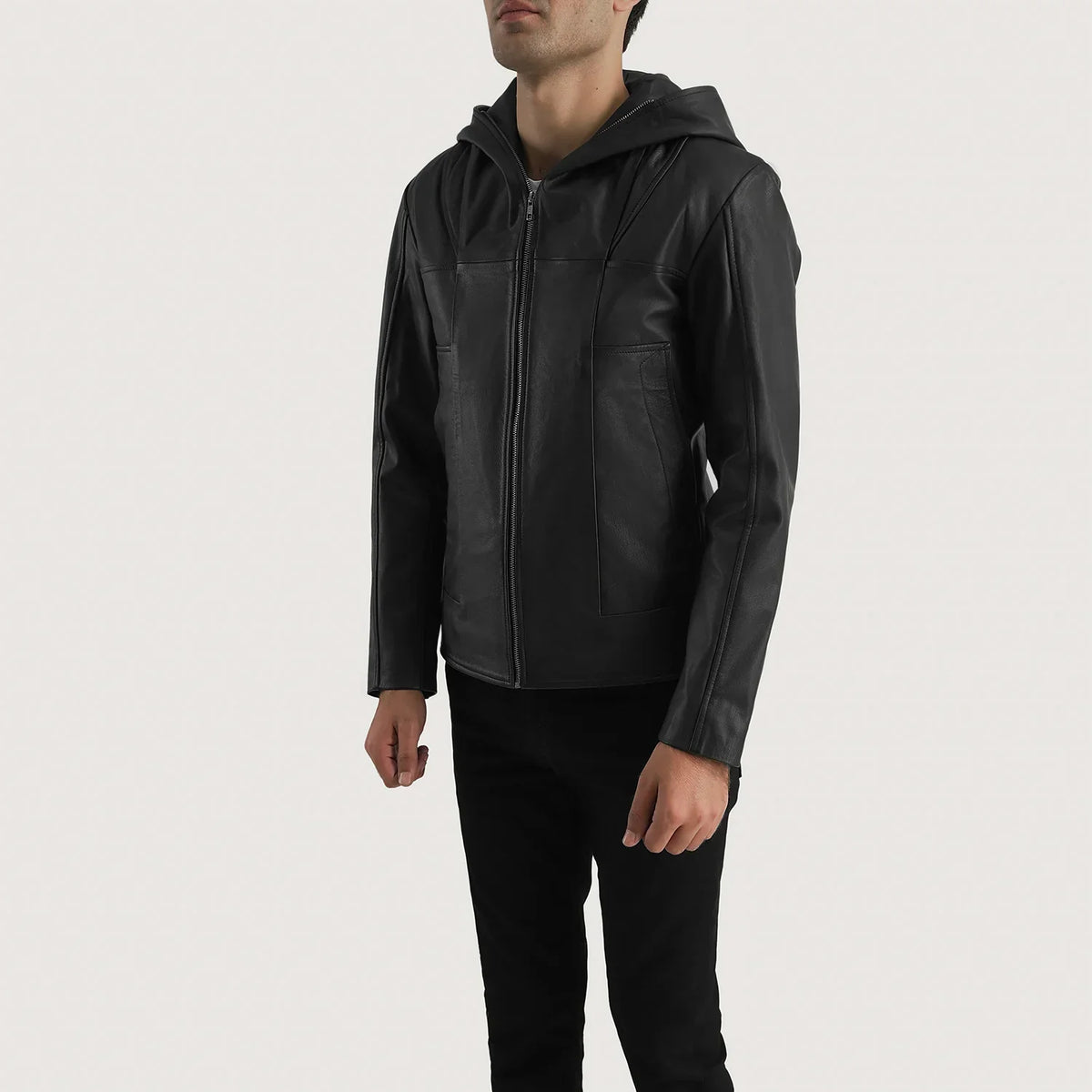 
Spratt Zwart Hooded Leren Jas voor Heren - Zijaanzicht met ergonomische mouwsnede