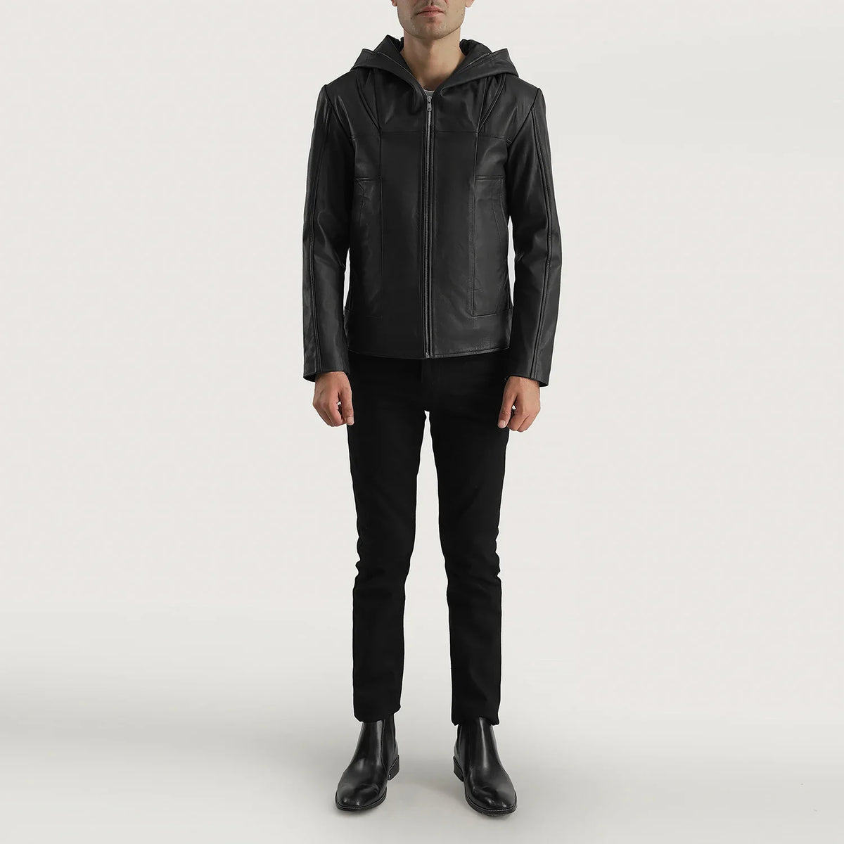 
Detailopname of Hooded & Zipper Hardware on Spratt Zwart Hooded Leren Jas voor Heren