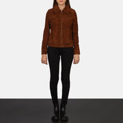 
Detailopname van kraag & ritsdetails op Suzy Brown Suede Trucker Jacket