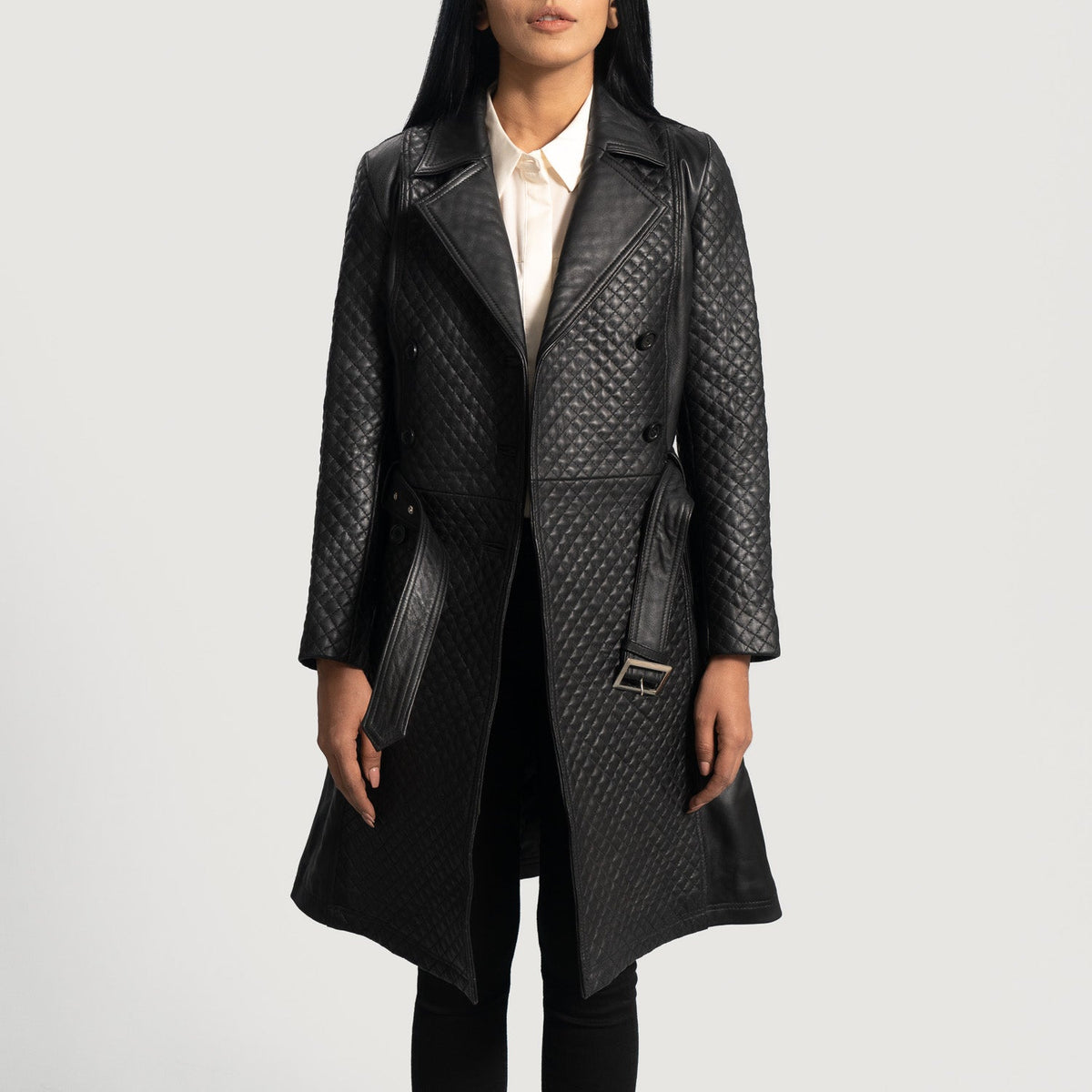 
Detailopname of Notch & Button & waist belt Hardware on Sweet Susan Zwart Leren Trenchcoat voor Dames