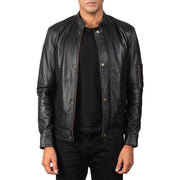 Men's Tea House Zwart Leren Bikerjack voor Heren in Black Sheepskin Leather - Front Profile View &amp; Tailored Silhouette | Buy Online