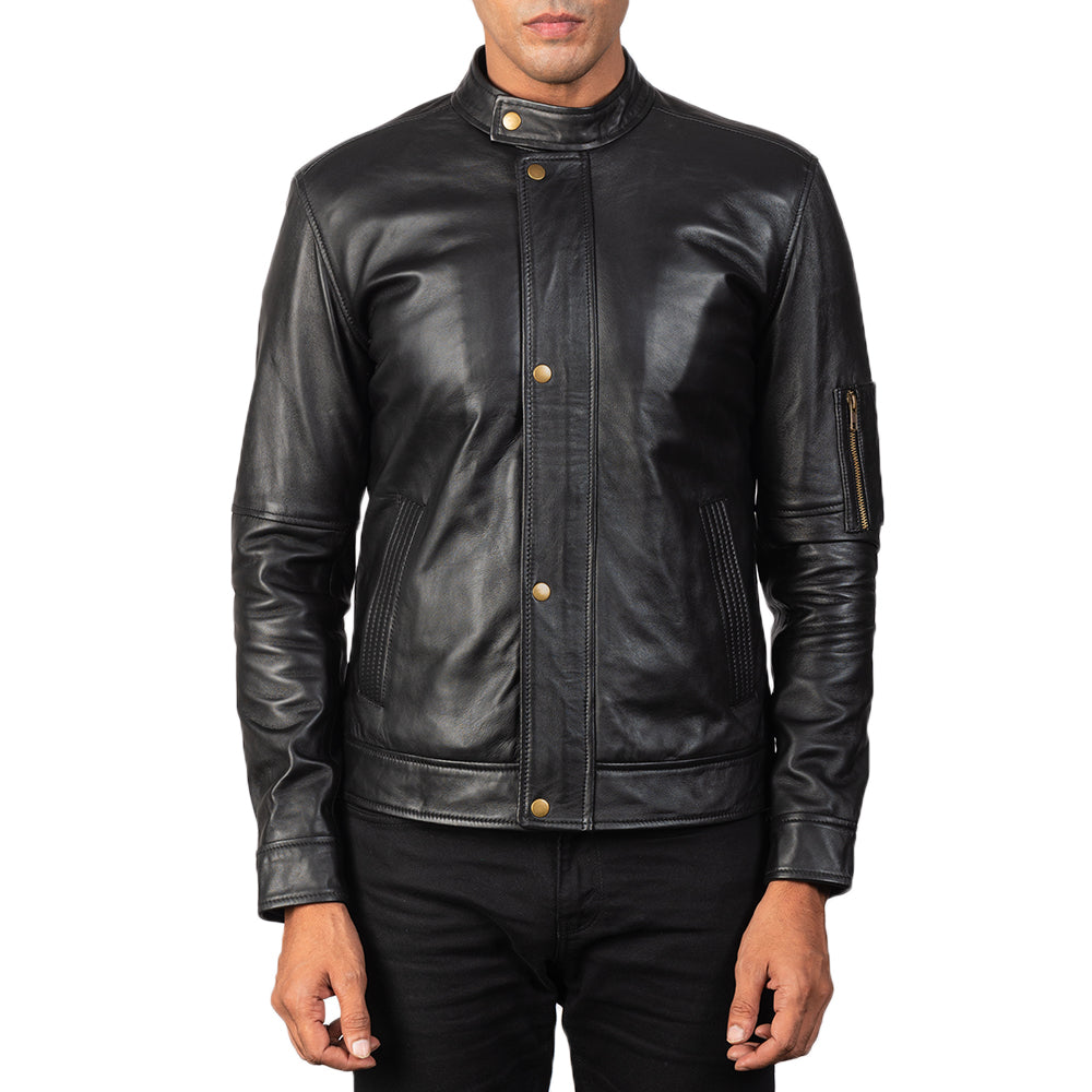Men's Tea House Zwart Leren Bikerjack voor Heren - Lateral Side Profile View Showing Sleeve Cut &amp; Athletic Taper Fit